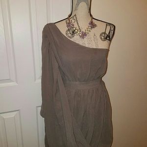 one shoulder smokey grey dress by Ya Los Angeles